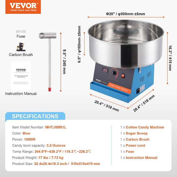 Electric Cotton Candy Machine 1000W Candy Floss Maker with Stainless Steel Bowl Commercial Cotton Candy Machine, Blue