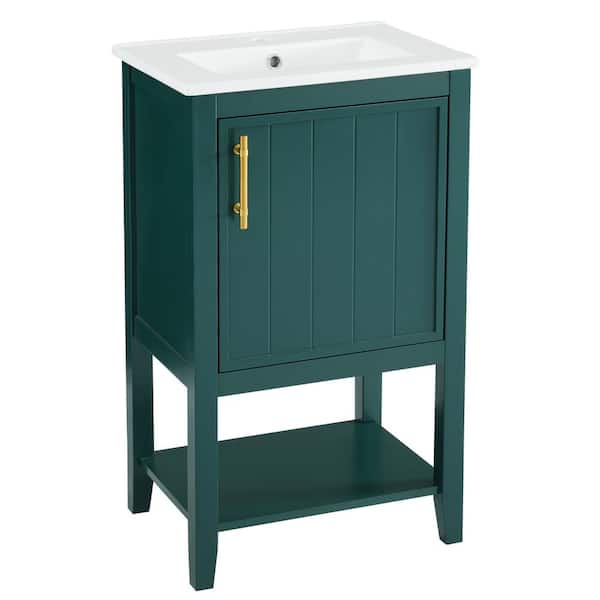 Unbranded 20 in. W x 15.5 in. D x 33.5 in. H Freestanding Bath Vanity in Green with 1 White Ceramic Sink Top