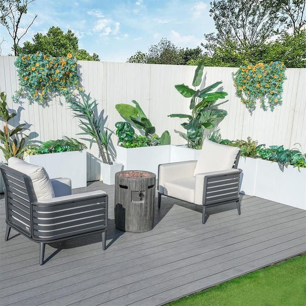DIRECT WICKER Merchant 3-Piece Aluminum Patio Conversation Set with Beige Cushions, Dark Grey Magnesium Oxide Gas Fire Pit