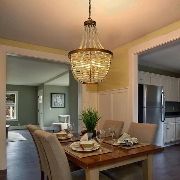 4-Light Candlestick Brushed Gold Chandelier with White Wood Beads