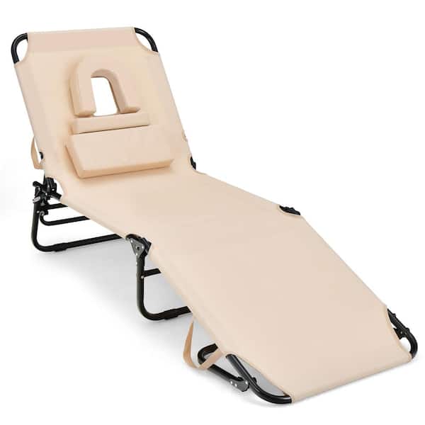 FORCLOVER Beach Metal Outdoor Chaise Lounge with Face Hole and Removable Beige Cushion