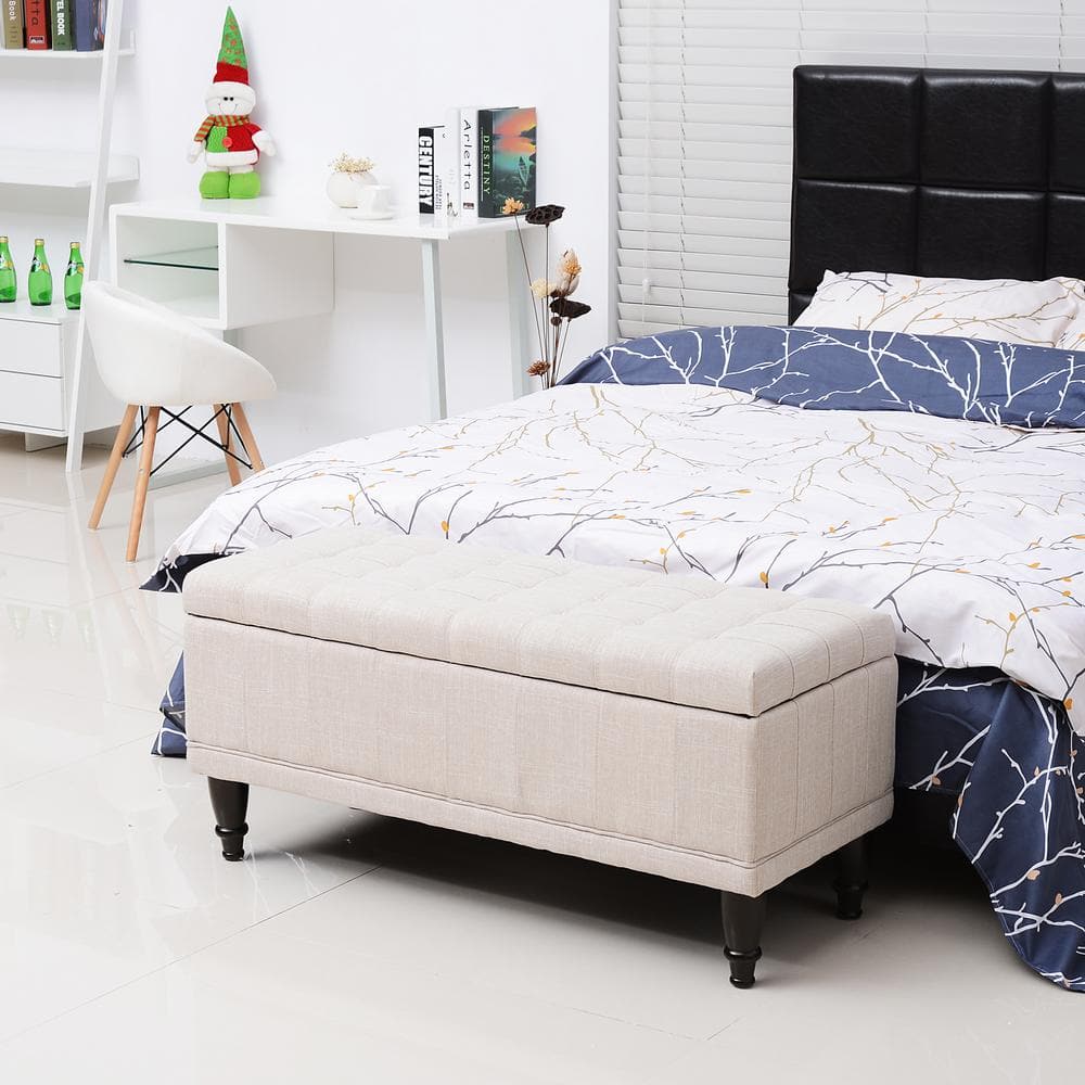 Beige Linen Tufted Storage Ottoman Bench with Hardwood Legs