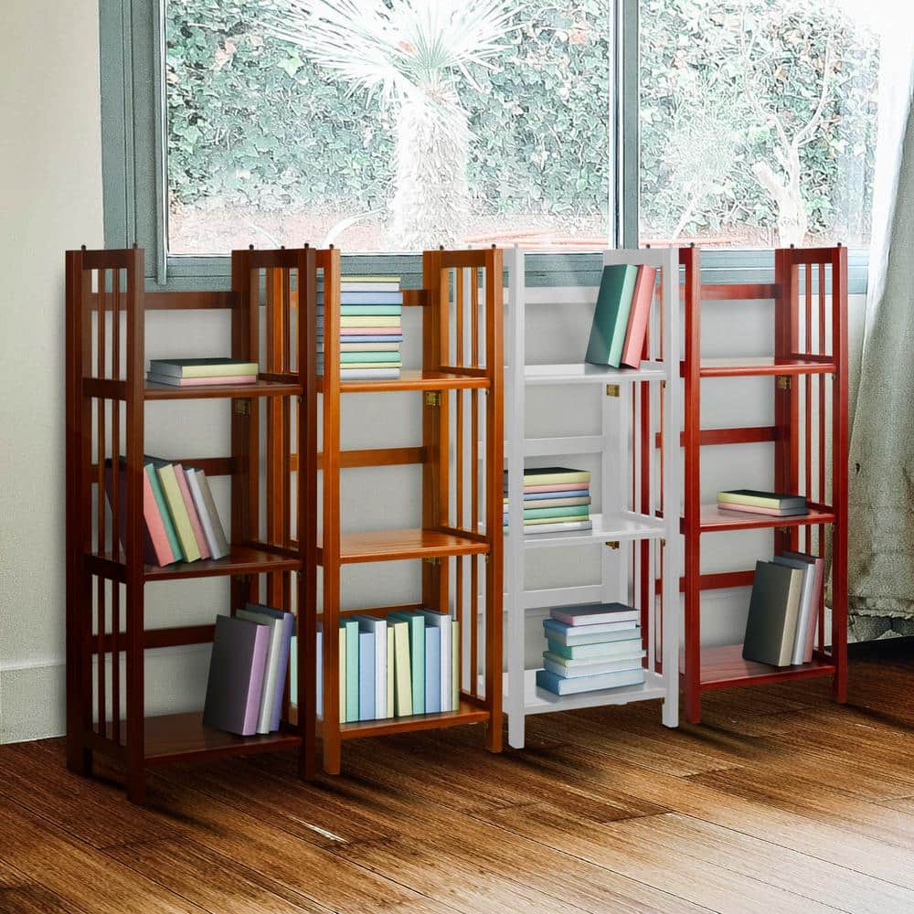 Walnut Finish 3-Shelf Solid Wood Stackable Folding Bookcase