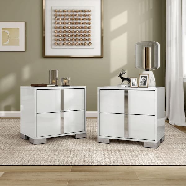 Mesala Glossy White 2-Drawer Nightstand with Chrome Handles (Set of 2)