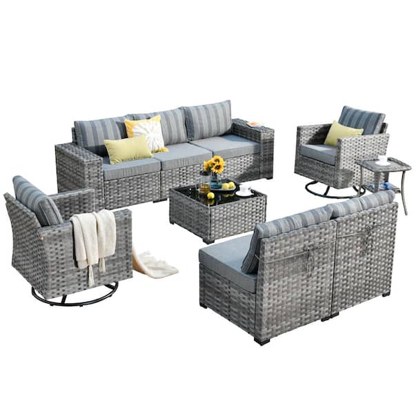 Howell 9-Piece Wicker Outdoor Furniture Patio Conversation Sofa Set with Swivel Chairs and Stripped Grey Cushions