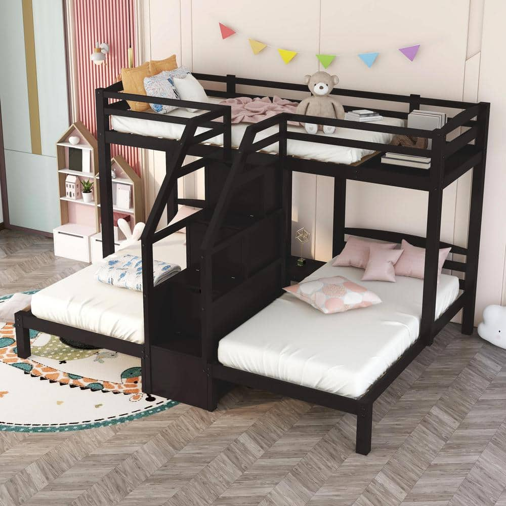 GOJANE Espresso Twin Over Twin & Twin Bunk Bed With Built-in Staircase ...