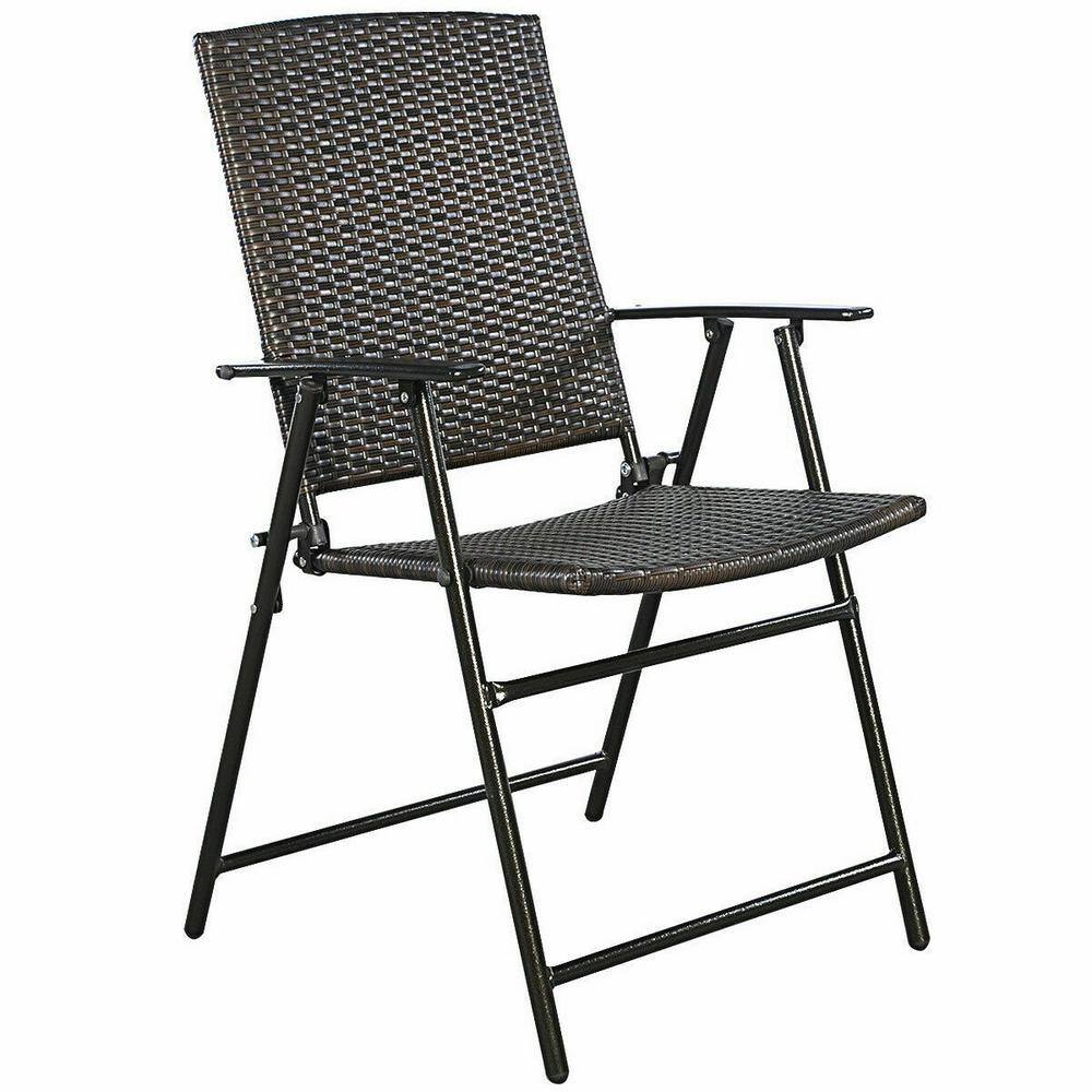 Brown Wicker Folding Outdoor Dining Chairs with Steel Frame, Set of 4