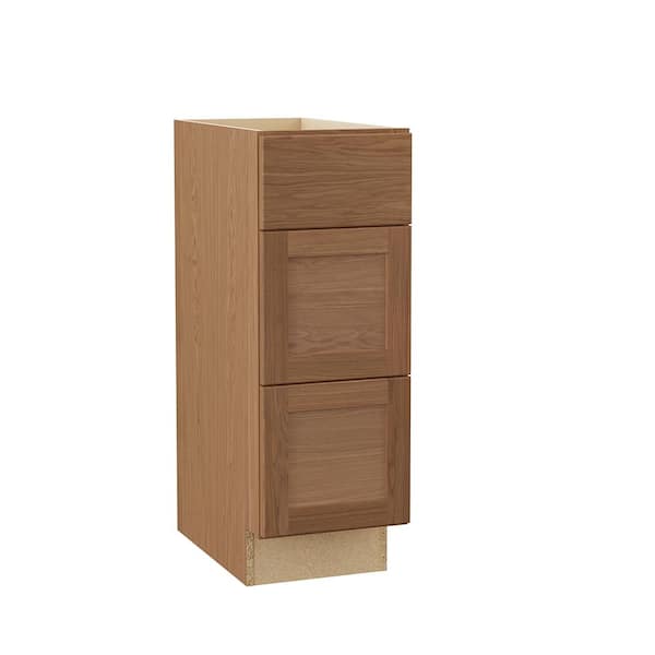 Sinclair 12 in. W x 21 in. D x 34.5 in. H Assembled 3-Bath Drawer Base Cabinet in Shaker Saddle Oak