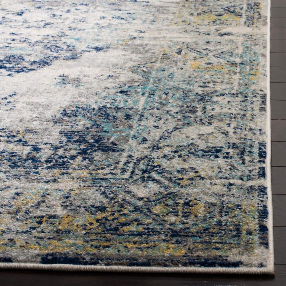 Light Grey and Blue Floral Motif Medium Pile Runner Rug