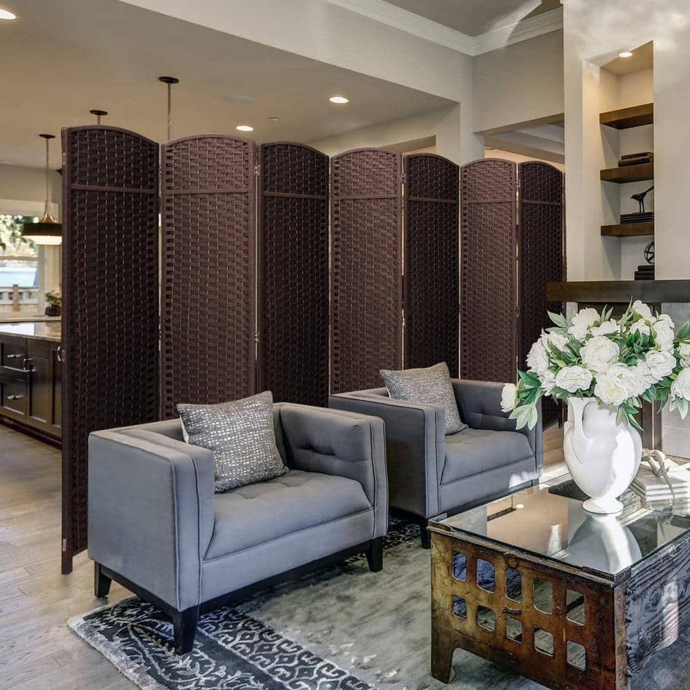 Chocolate Brown 8-Panel Folding Room Divider with Woven Straps