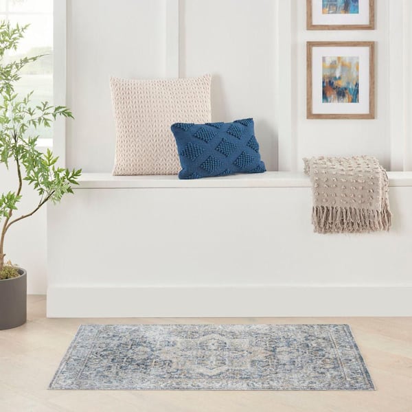 Astra Machine Washable Grey Blue 2 ft. x 4 ft. Distressed Traditional Area Rug
