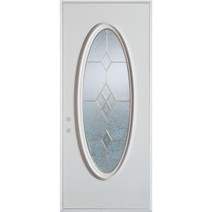 32 in. x 80 in. Geometric Brass Full Oval Lite Painted White Right-Hand Inswing Steel Prehung Front Door