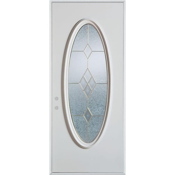 Stanley Doors 32 in. x 80 in. Geometric Brass Full Oval Lite Painted White Right-Hand Inswing Steel Prehung Front Door