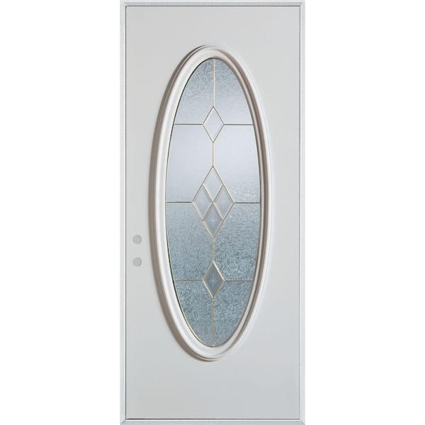 Stanley Doors 36 in. x 80 in. Geometric Patina Full Oval Lite Painted White Right-Hand Inswing Steel Prehung Front Door