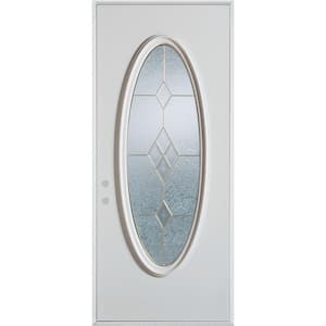 36 in. x 80 in. Geometric Zinc Full Oval Lite Painted White Right-Hand Inswing Steel Prehung Front Door