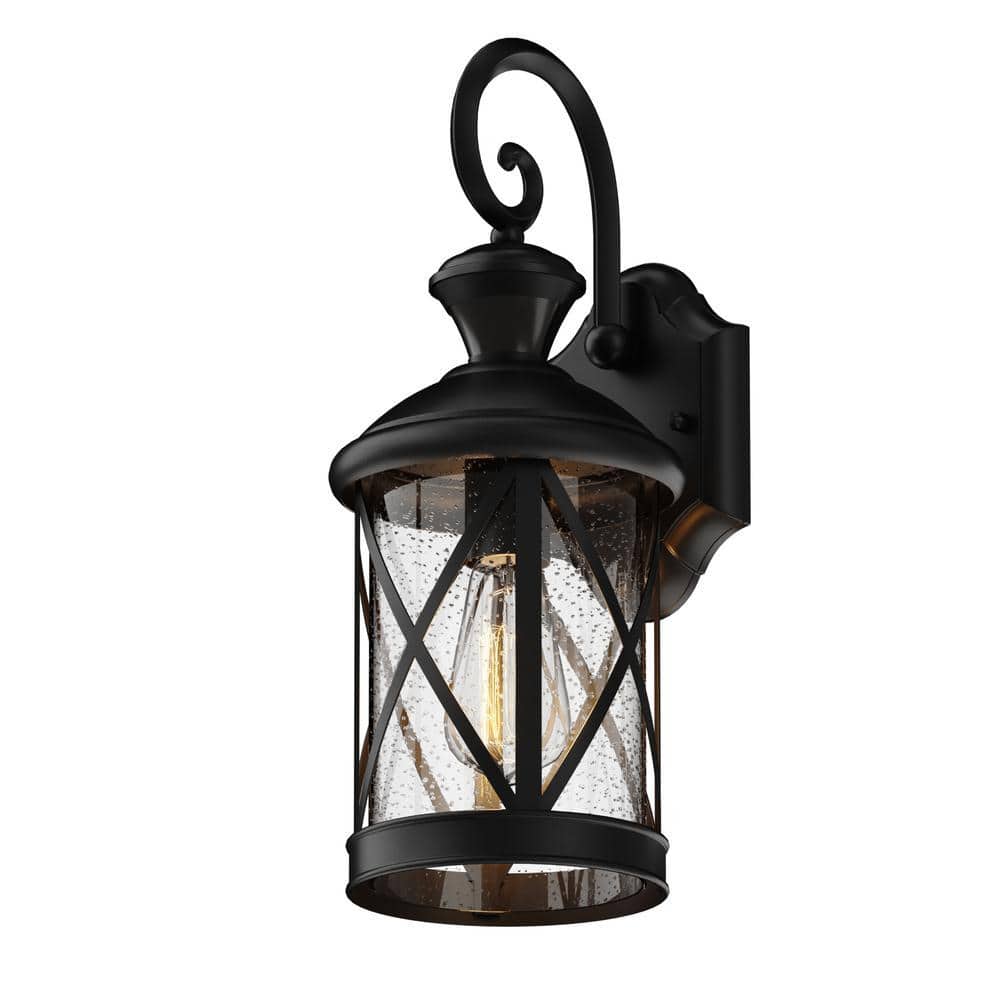 Textured Black Steel Outdoor Lantern Sconce with Seeded Glass