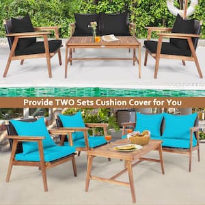 4-Piece Wicker Patio Conversation Set Wooden Cushioned Sofa with Black & Turquoise Cover
