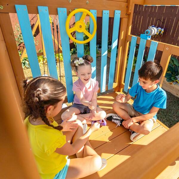 Teamson Kids Laguna Wooden Playset with Belt and Web Swing Slide