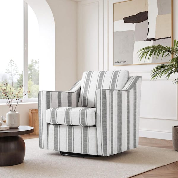 Gray Stripe Line Upholstered Swivel Accent Barrel Chair (Set of 1)