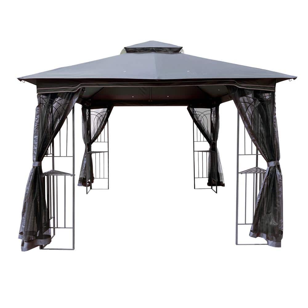10 ft. x 10 ft. Gray Outdoor Gazebo With Ventilated Double Roof And Mosquit