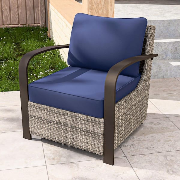 COOS BAY Ergonomic Armrest Brown Patio Wicker Outdoor Lounge Chair with Blue Cushion