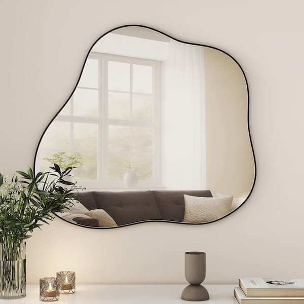 Black 29.5 in. W x 31.5 in. H Art Deco lrregular Metal Framed Mirror Wall Mirror Wall Decor Mirror