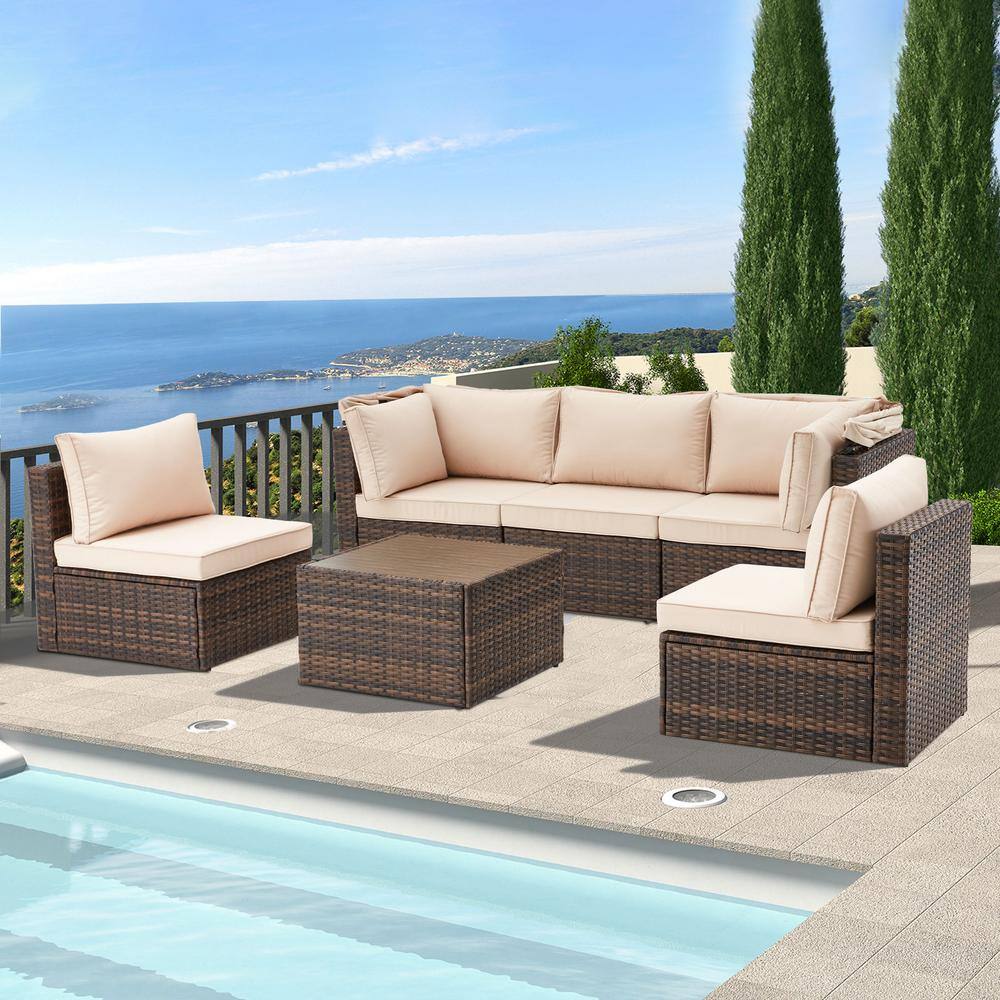 6-Piece Brown Wicker Outdoor Patio Furniture Set, Sectional Sofa with Canop