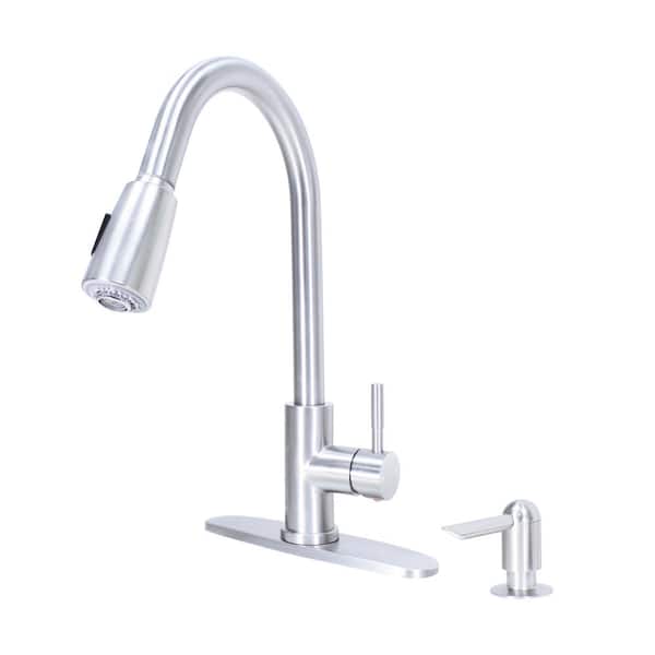 WASSERMAN FAUCETS Single Handle High Spout Pull-Down Dual Sprayer Stainless Steel Kitchen Faucet with Soap Dispenser in Chrome