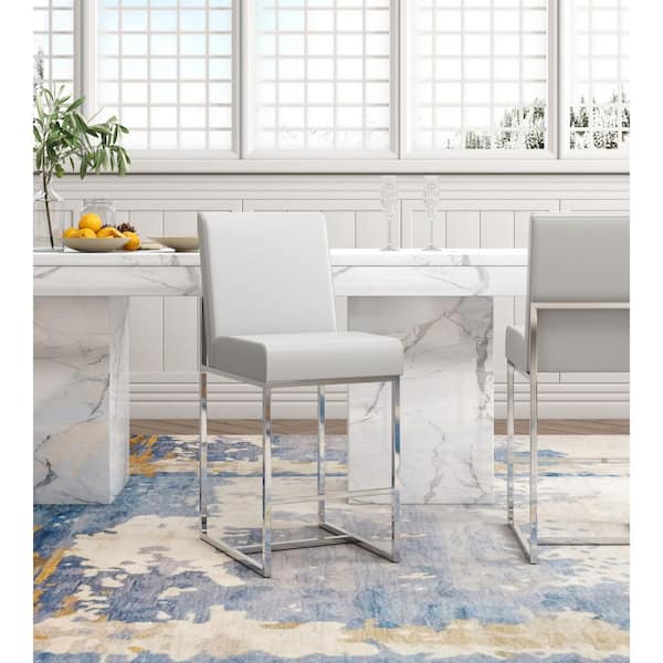 Element 24.8 in. Pearl White and Polished Chrome Metal Counter Stool with Faux Leather Upholstered Seat (Set of 2)