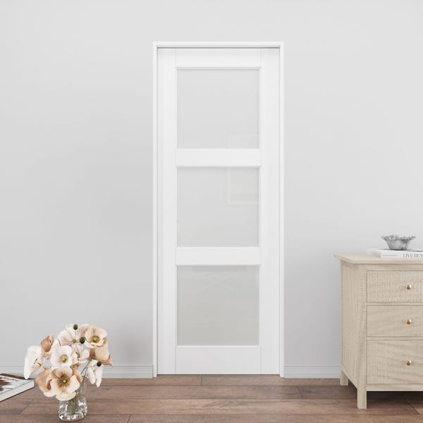 28 in. x 80 in. 3-Lite Frosted Glass Primed White Wood Sliding Pocket Door with Pocket Door Frame, Jamb and Hardware Kit