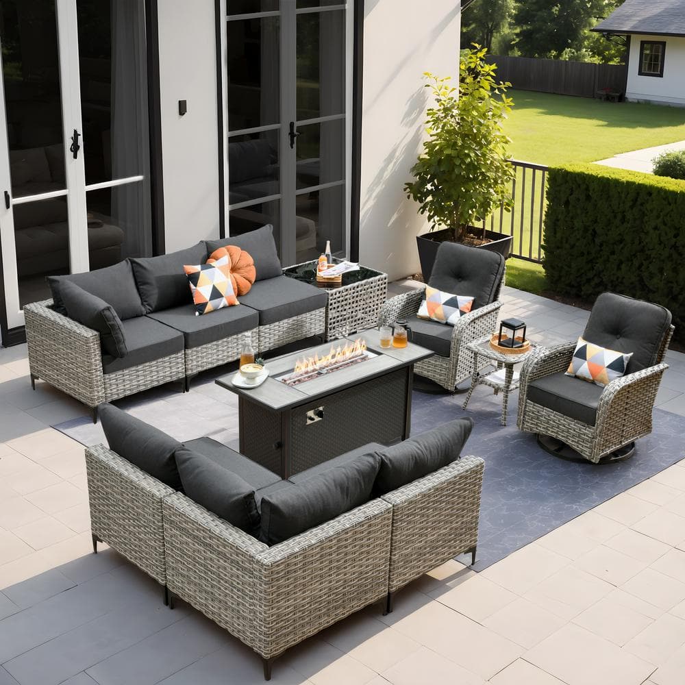 Aquarius 11-Piece Wicker Rectangular Fire Pit Sets and Swivel Rocking Chairs with Black Cushion