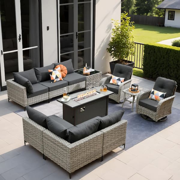 XIZZI Aquarius 11-Piece Wicker Rectangular Fire Pit Sets and Swivel Rocking Chairs with Black Cushion
