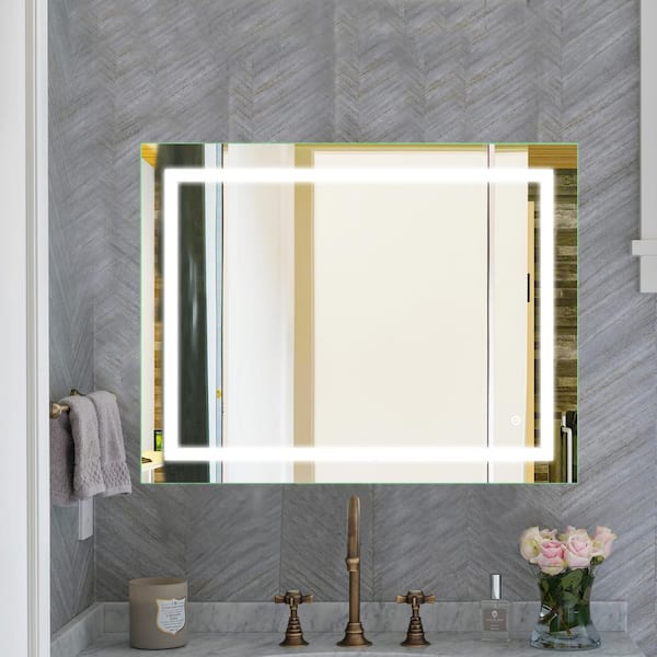 UKISHIRO Depp 36 in. W x 28 in. H Large Rectangular Frameless Anti-Fog Wall Mount Bathroom Vanity Mirror in Silver