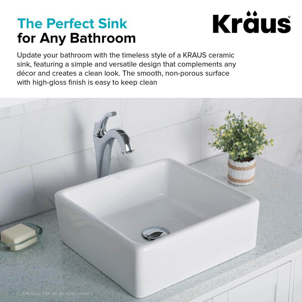 White Ceramic Square Vessel Bathroom Sink, 15-inch
