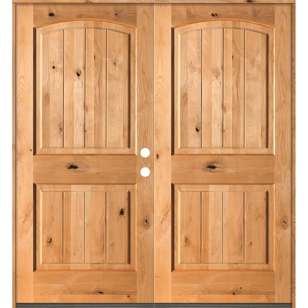 72 in. x 80 in. Rustic Knotty Alder Arch Top Clear Stain /V-Groove Left-Hand Inswing Wood Double Prehung Front Door