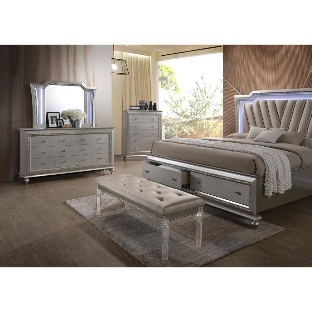 Queen Champagne Faux Leather Upholstered Storage Bed with LED Headboard