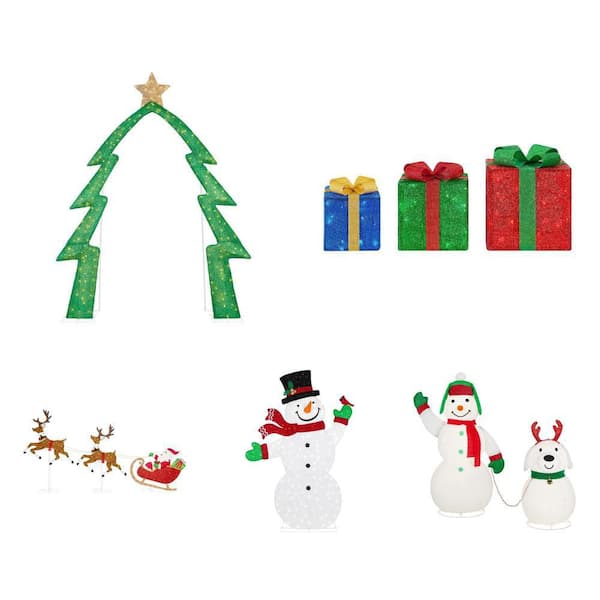 Yuletide Lane Yard Decor: 8.5ft. LED Tree Arch, 8ft. Snowman,  6ft. Sleigh & Reindeer, Snowman & Dog & Gift Boxes