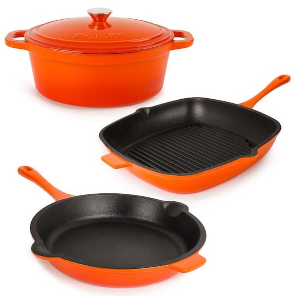 BergHOFF Neo 4-Piece Cast Iron Cookware Set, Grill Pan, Fry Pan and Oval Dutch Oven, Orange