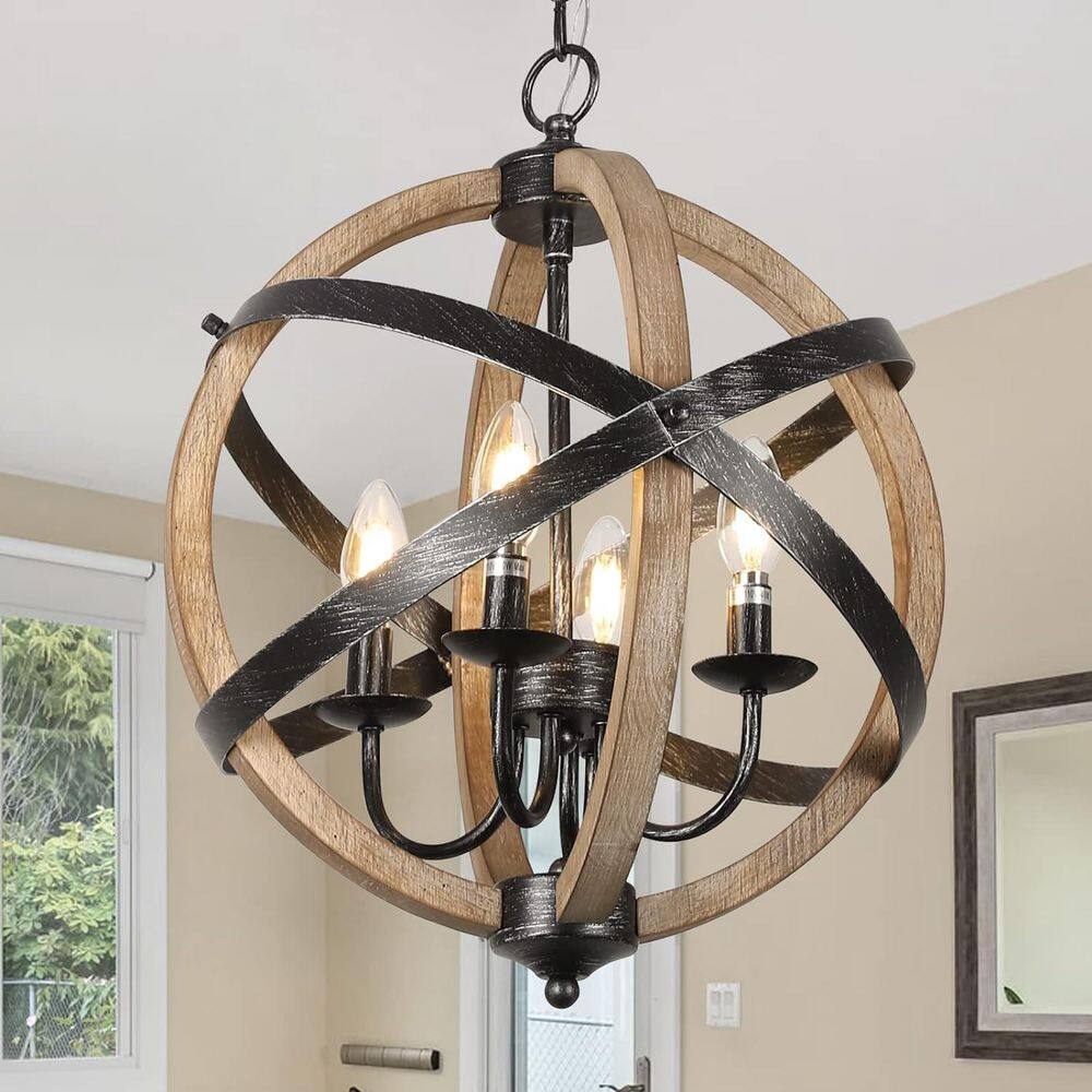 RusticWood Series 4-Light Wood and Black Metal Sphere Chandelier Rustic Globe Chandelier for Dining Room(No Bulbs) price history on PriceWatchPro
