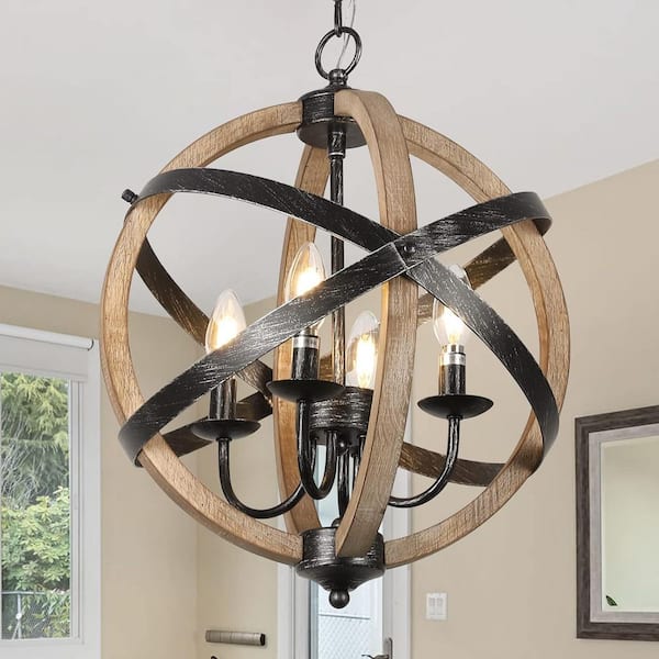 RusticWood Series 4-Light Wood and Black Metal Sphere Chandelier Rustic Globe Chandelier for Dining Room(No Bulbs)
