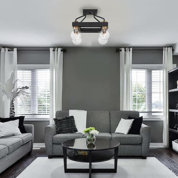 Ravella 11.75 in. 4-Light Black Industrial Entryway Semi-Flush Mount with No Bulbs Included