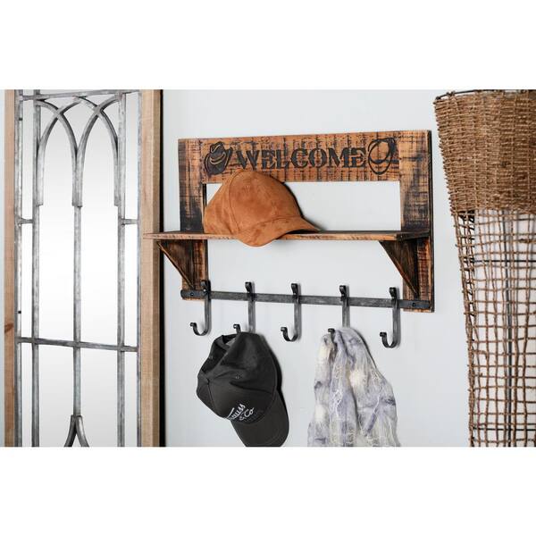 LITTON LANE Brown Welcome Wooden Wall Shelf with 5-Iron Hooks 45861 ...