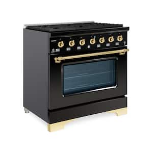 CLASSICO 36" 5.2CuFt. 6 Burner Freestanding All Gas Range with Gas Stove and Gas Oven, Glossy Black with Brass Trim