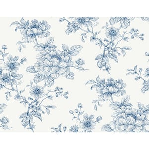 Blue Sketched Floral Vinyl Peel and Stick Wallpaper Roll (Covers 40.5 sq. ft.)