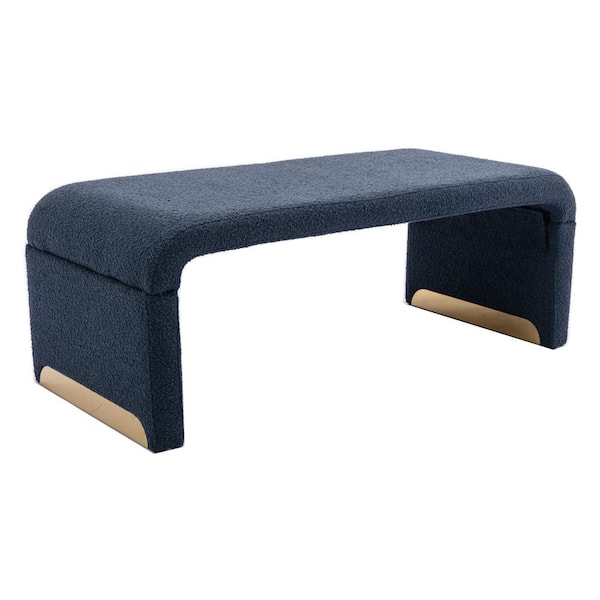 URTR Dark Blue Boucle Fabric Bedroom Bench Shoe Bench With Gold Metal Legs, Upholstered Ottoman Footstool(16.14 X43.31X19.69)