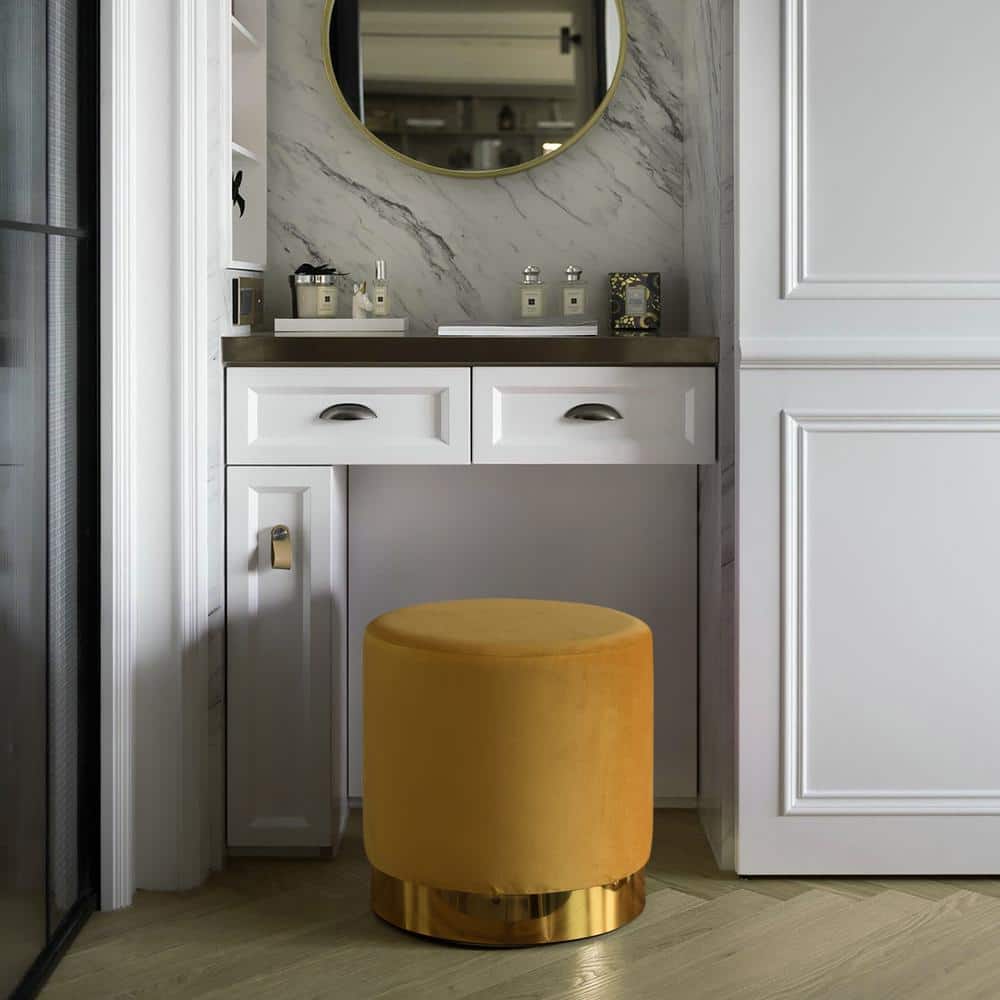 Mustard Velvet Round Ottoman Stool with Gold Metal Base
