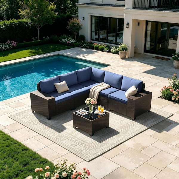 6-Piece Wicker Outdoor Sectional Set with Navy Blue Cushions