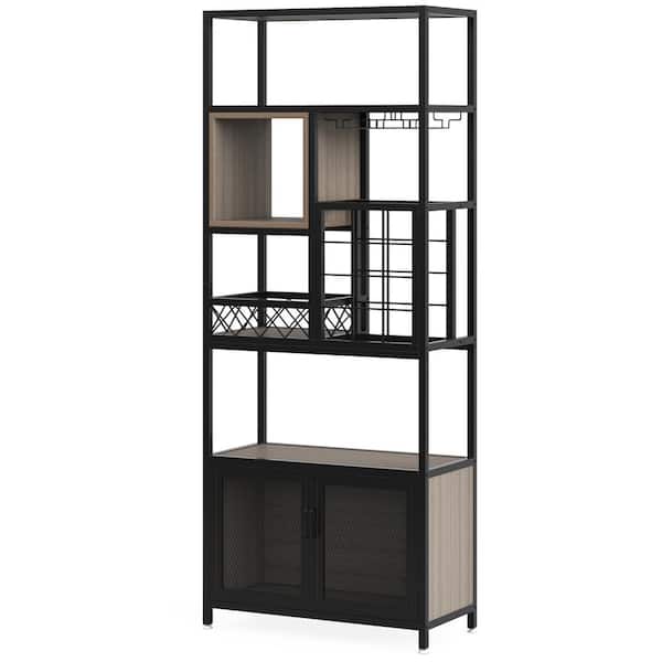 BYBLIGHT Walter 78.7 in. Brown Wood 6-Tier Wine Rack with Cabinet Storage, Hanging 12 Wine Bottles and 9 Glasses Holder