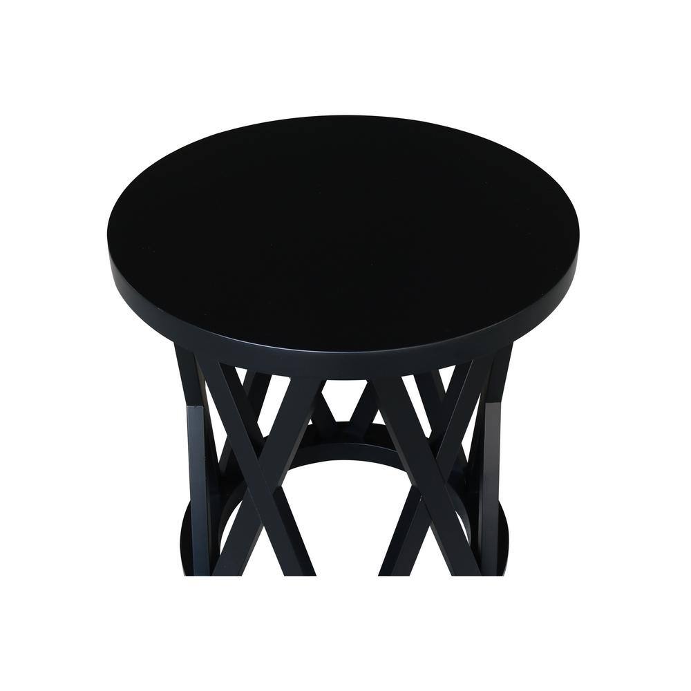 24" Black Solid Wood Round End Table with Geometric Base