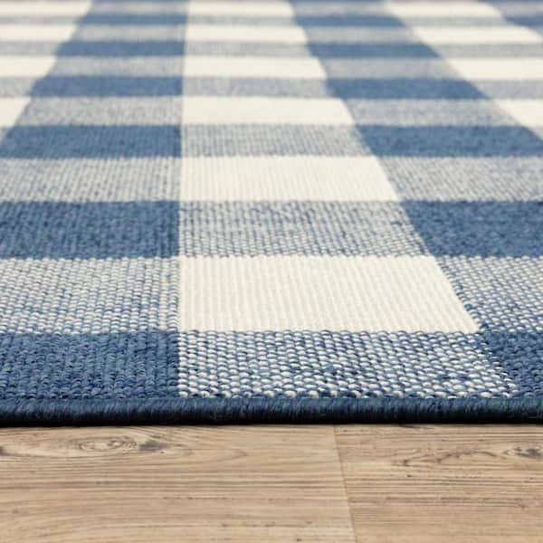 Blue, Ivory 8 ft. x 8 ft. Loomed Geometric Polypropylene Round Indoor/Outdoor Area Rug